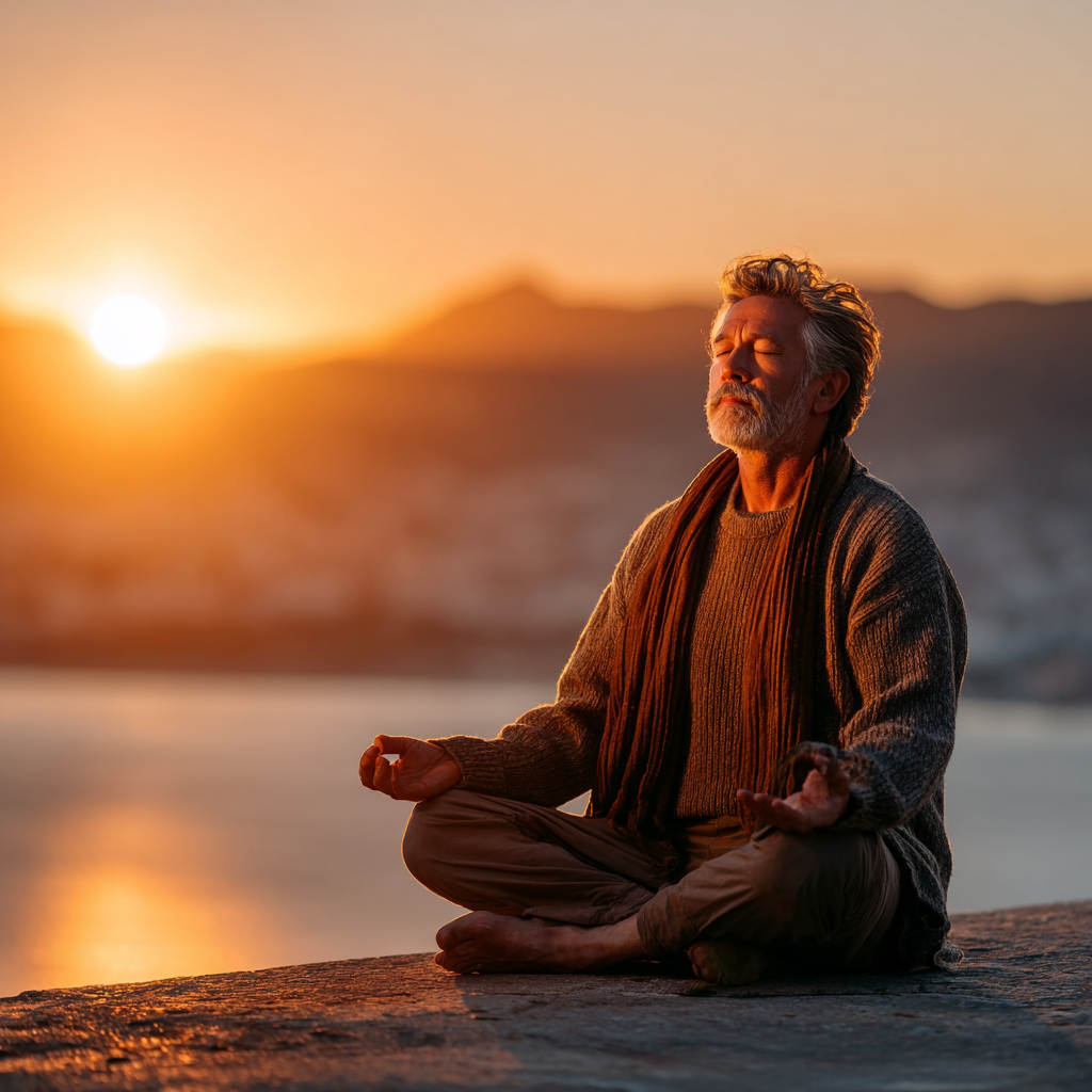 Serene middle-aged man in his 50s practicing yoga in lotus position outdoors at sunrise, wearing comfortable clothing